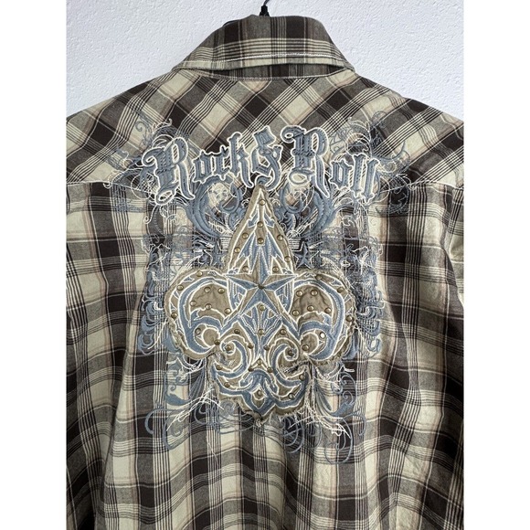 Rock & Roll Cowboy 2XL Brown Plaid Long Sleeve Pearl Snap Button Shirt - Picture 3 of 12